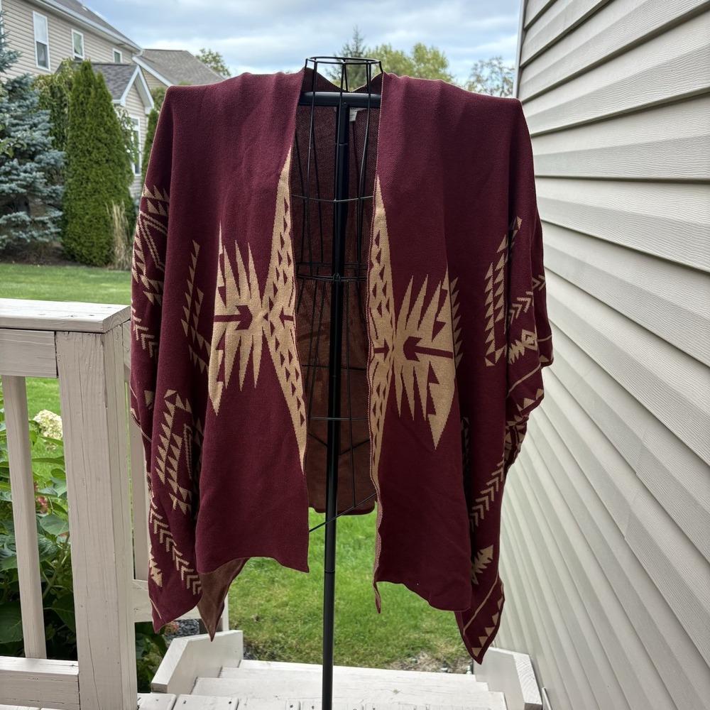 Indigo Thread Co. Aztec Southwestern Open Front Cardigan Wrap OS‎ Burgundy EUC